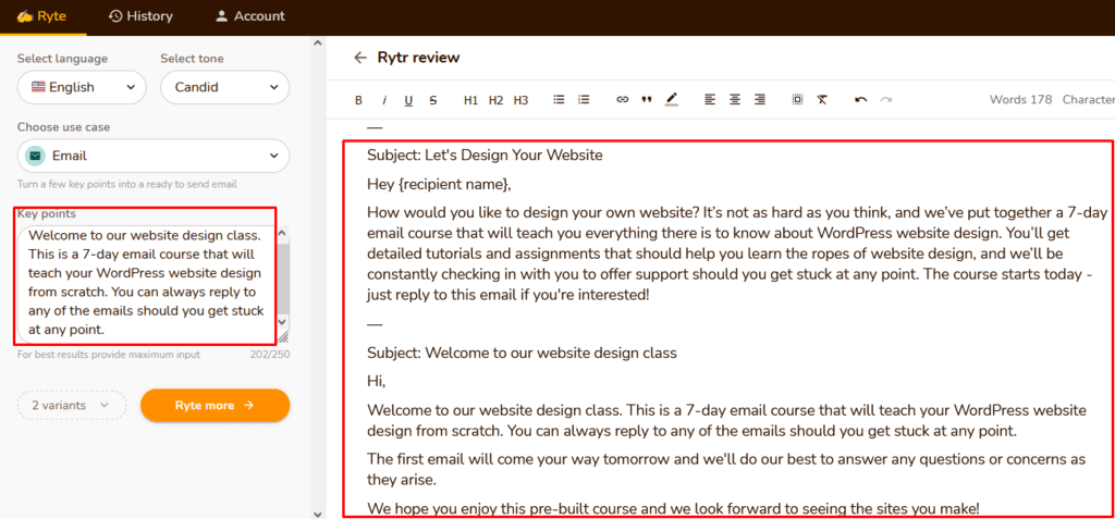 Rytr Review use cases - Email template