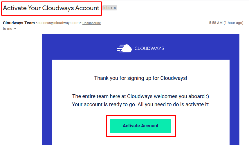 Cloudways Free Trial - Activate email