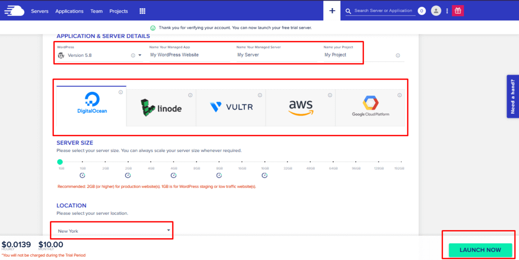Cloudways free trial - launch a server