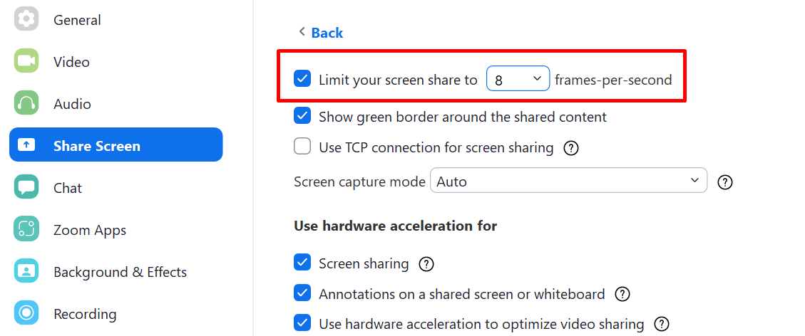 How to Fix Zoom Screen Sharing not Working - Reduce frames per second